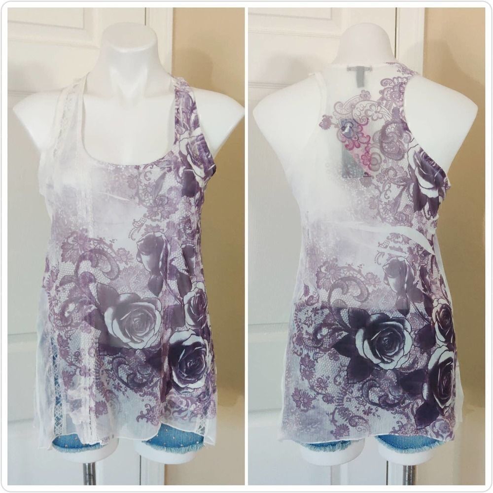 Fang sheer lace inset floral sharkbite hem tank M